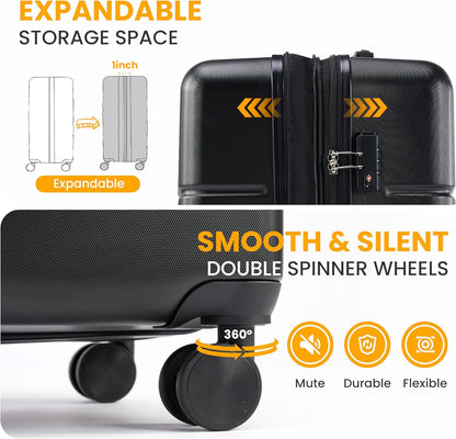 Hardside Carry-On Luggage, Expandable Portable Hardshell Luggage with Spinner Wheels, Lightweight Suitcase TSA Lock, 20 Inch, Black