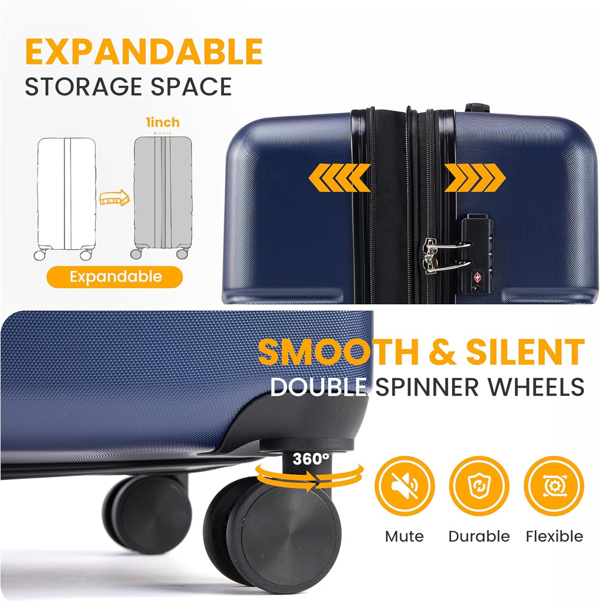 Hardside Carry-On Luggage, Expandable Portable Hardshell Luggage with Spinner Wheels, Lightweight Suitcase TSA Lock, 20 Inch, Black