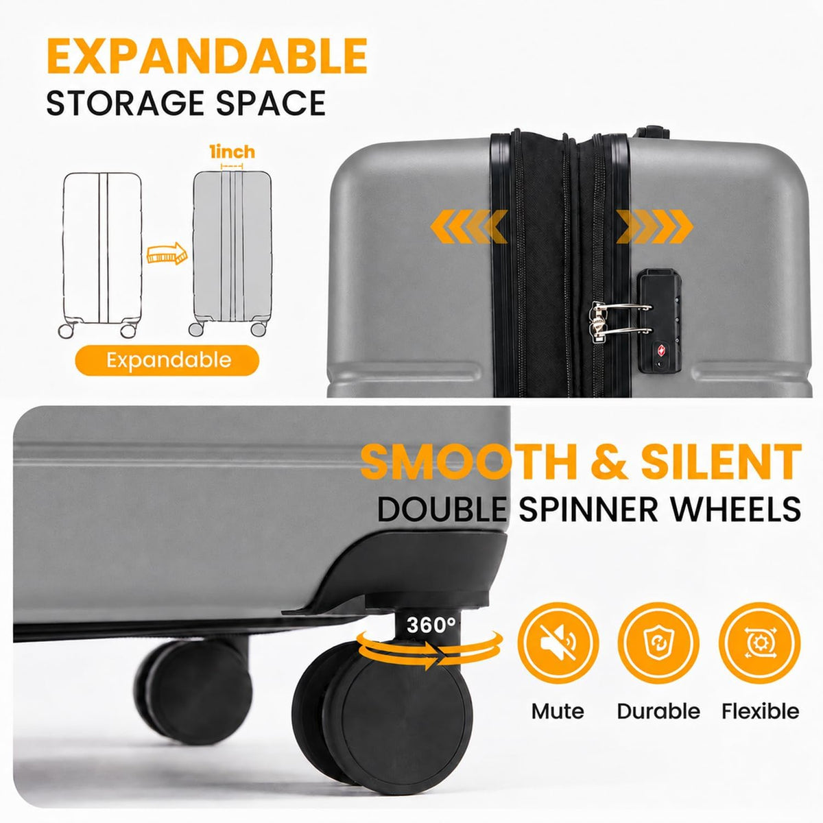 Hardside Carry-On Luggage, Expandable Portable Hardshell Luggage with Spinner Wheels, Lightweight Suitcase TSA Lock, 20 Inch, Black