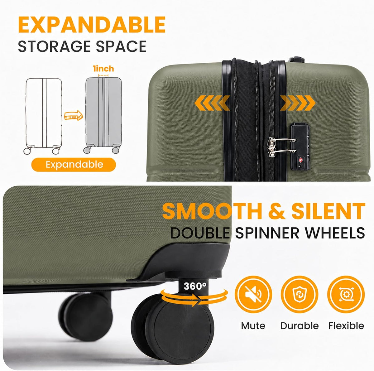 Hardside Carry-On Luggage, Expandable Portable Hardshell Luggage with Spinner Wheels, Lightweight Suitcase TSA Lock, 20 Inch, Black