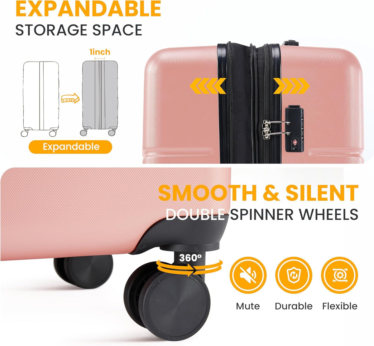Hardside Carry-On Luggage, Expandable Portable Hardshell Luggage with Spinner Wheels, Lightweight Suitcase TSA Lock, 20 Inch, Black