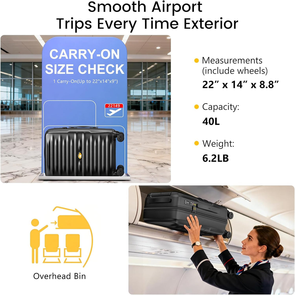 Carry On Luggage 22x14x9 Airline Approved, Hard Suitcases with Spinner Wheels, Polycarbonate Lightweight Luggage, TSA Approved, 20 Inch Carry-On, Blue