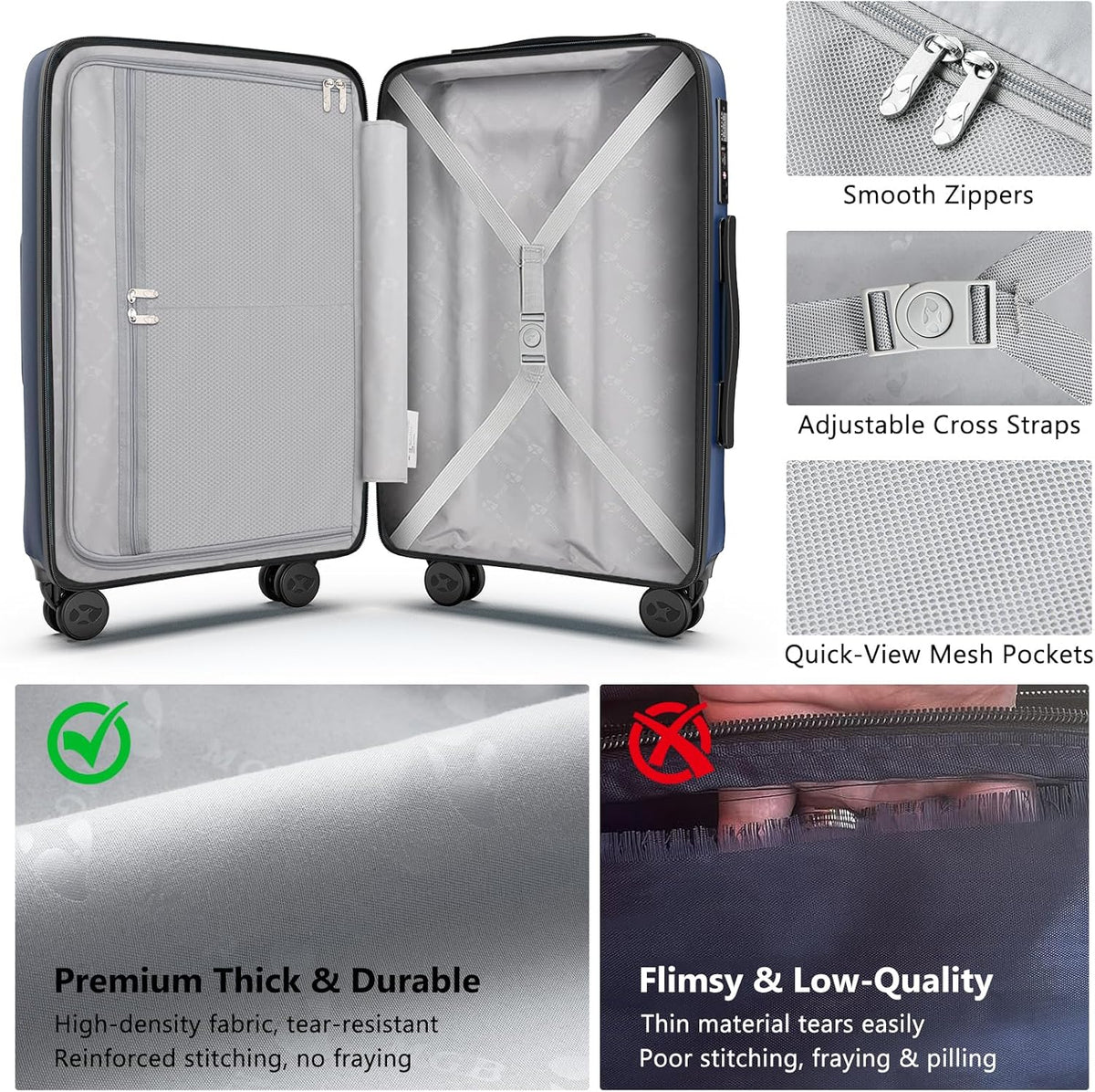 Carry On Luggage 22x14x9 Airline Approved, Hard Suitcases with Spinner Wheels, Polycarbonate Lightweight Luggage, TSA Approved, 20 Inch Carry-On, Blue