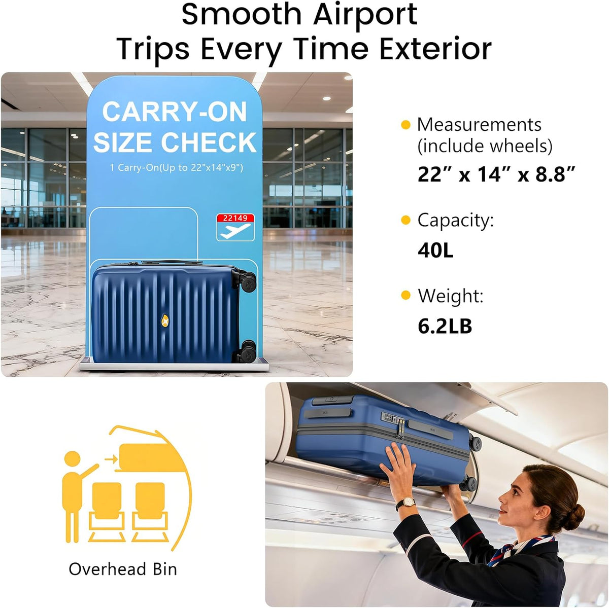 Carry On Luggage 22x14x9 Airline Approved, Hard Suitcases with Spinner Wheels, Polycarbonate Lightweight Luggage, TSA Approved, 20 Inch Carry-On, Blue