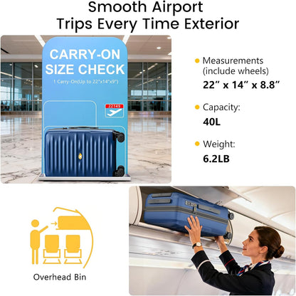 Carry On Luggage 22x14x9 Airline Approved, Hard Suitcases with Spinner Wheels, Polycarbonate Lightweight Luggage, TSA Approved, 20 Inch Carry-On, Blue