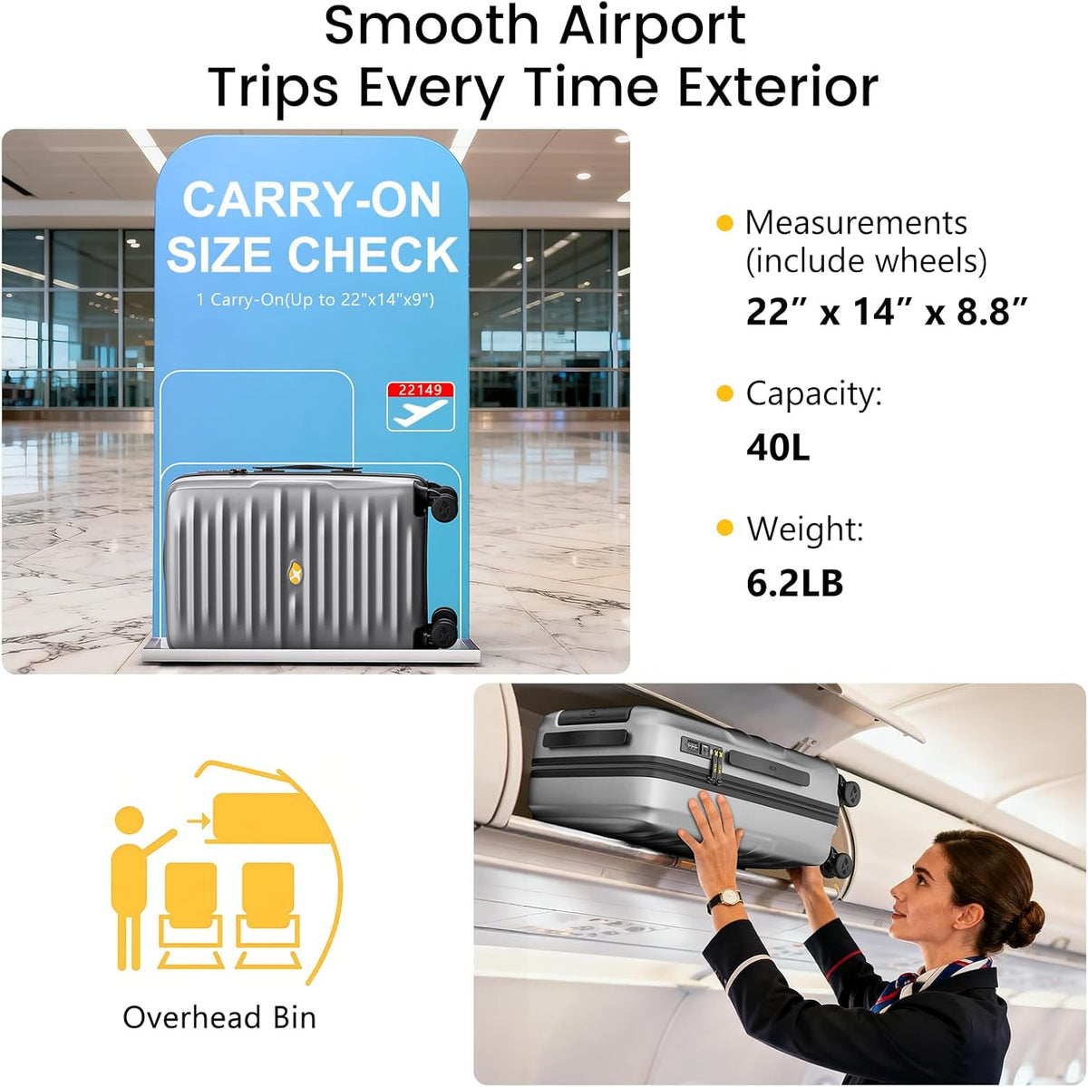Carry On Luggage 22x14x9 Airline Approved, Hard Suitcases with Spinner Wheels, Polycarbonate Lightweight Luggage, TSA Approved, 20 Inch Carry-On, Blue