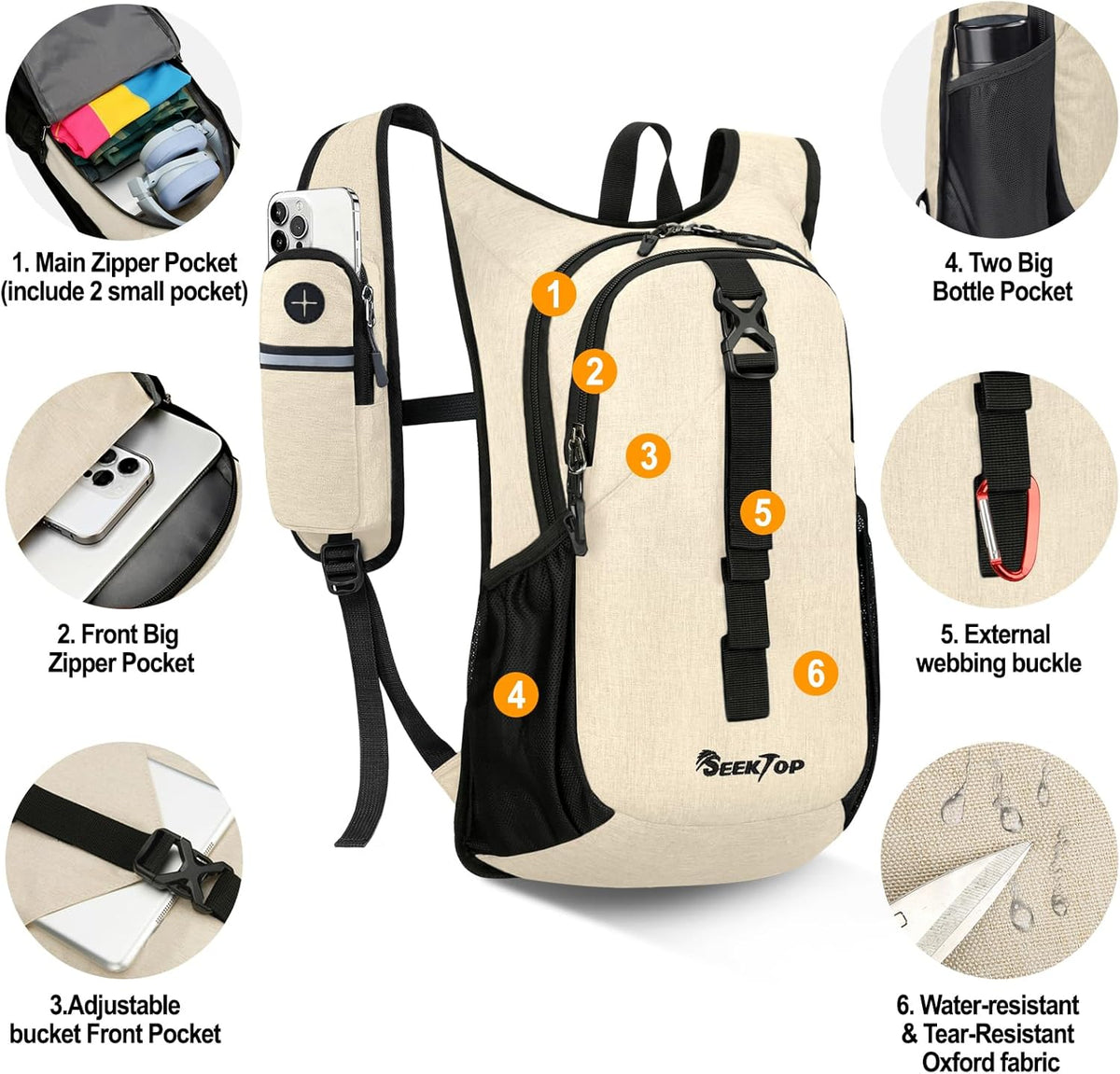 Seektop 15L Small Hiking Backpack for Women Men, Lightweight Hiking Packable Daypack with Phone Pocket for Travel Camping (Beige, 15L)