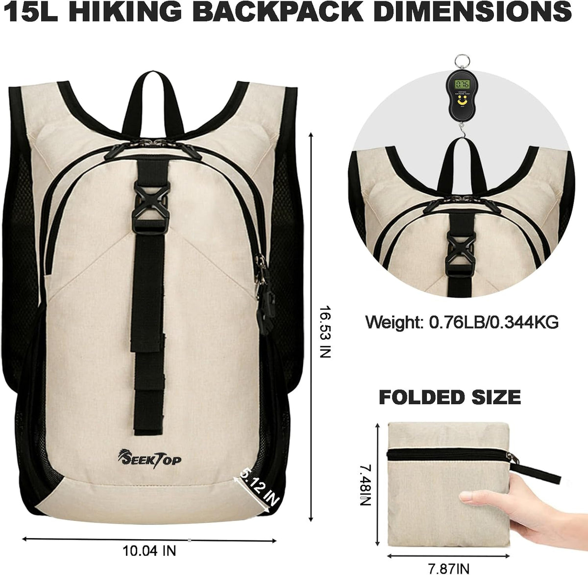 Seektop 15L Small Hiking Backpack for Women Men, Lightweight Hiking Packable Daypack with Phone Pocket for Travel Camping (Beige, 15L)