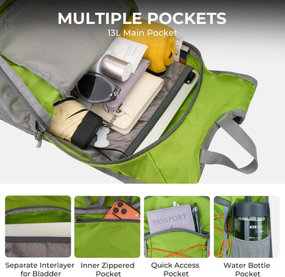 14L Small Hiking Backpack,Lightweight Packable Travel Daypack for Men Women | Quick Phone Pocket, Breathable Material, Water Resistant, Adjustable Straps, Emergency Whistle, Commuting Cycling