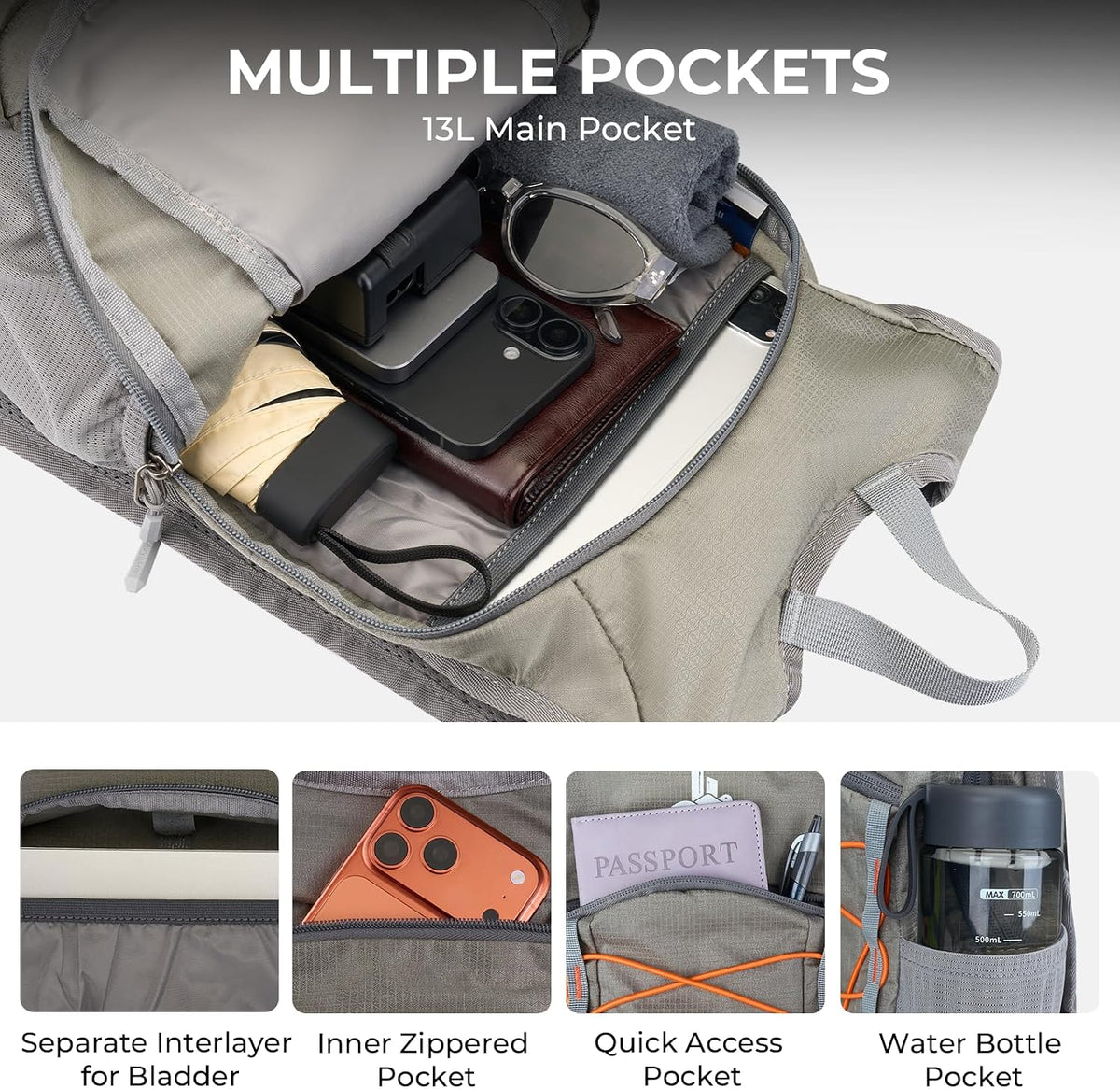 14L Small Hiking Backpack,Lightweight Packable Travel Daypack for Men Women | Quick Phone Pocket, Breathable Material, Water Resistant, Adjustable Straps, Emergency Whistle, Commuting Cycling