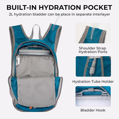 14L Small Hiking Backpack,Lightweight Packable Travel Daypack for Men Women | Quick Phone Pocket, Breathable Material, Water Resistant, Adjustable Straps, Emergency Whistle, Commuting Cycling