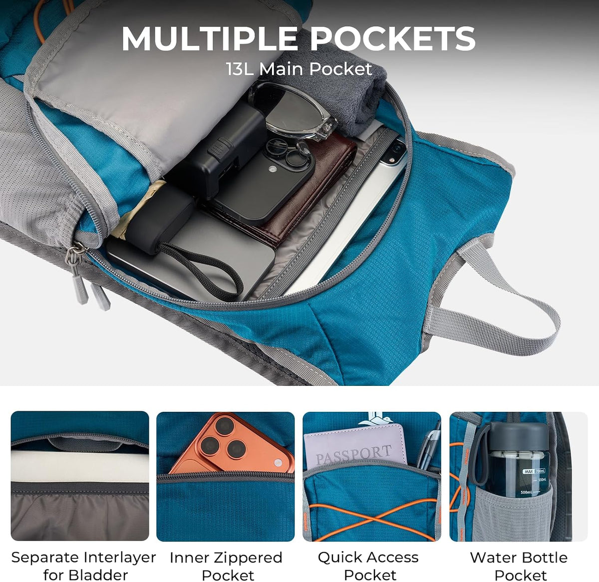 14L Small Hiking Backpack,Lightweight Packable Travel Daypack for Men Women | Quick Phone Pocket, Breathable Material, Water Resistant, Adjustable Straps, Emergency Whistle, Commuting Cycling