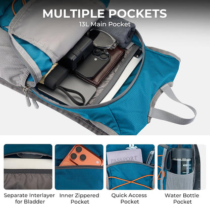 14L Small Hiking Backpack,Lightweight Packable Travel Daypack for Men Women | Quick Phone Pocket, Breathable Material, Water Resistant, Adjustable Straps, Emergency Whistle, Commuting Cycling