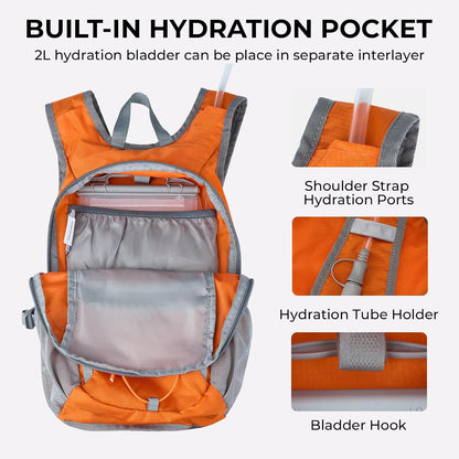 14L Small Hiking Backpack,Lightweight Packable Travel Daypack for Men Women | Quick Phone Pocket, Breathable Material, Water Resistant, Adjustable Straps, Emergency Whistle, Commuting Cycling
