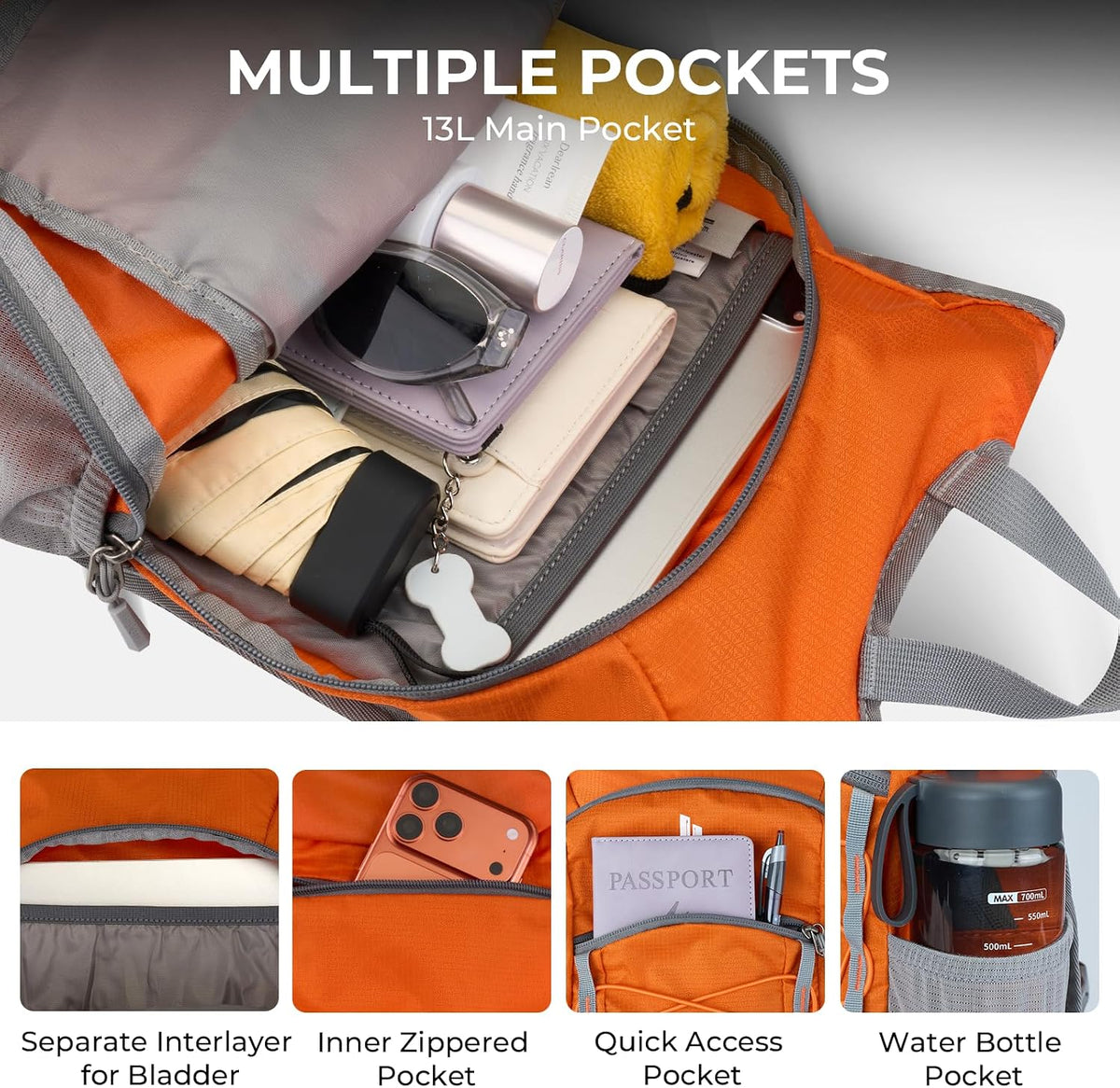 14L Small Hiking Backpack,Lightweight Packable Travel Daypack for Men Women | Quick Phone Pocket, Breathable Material, Water Resistant, Adjustable Straps, Emergency Whistle, Commuting Cycling