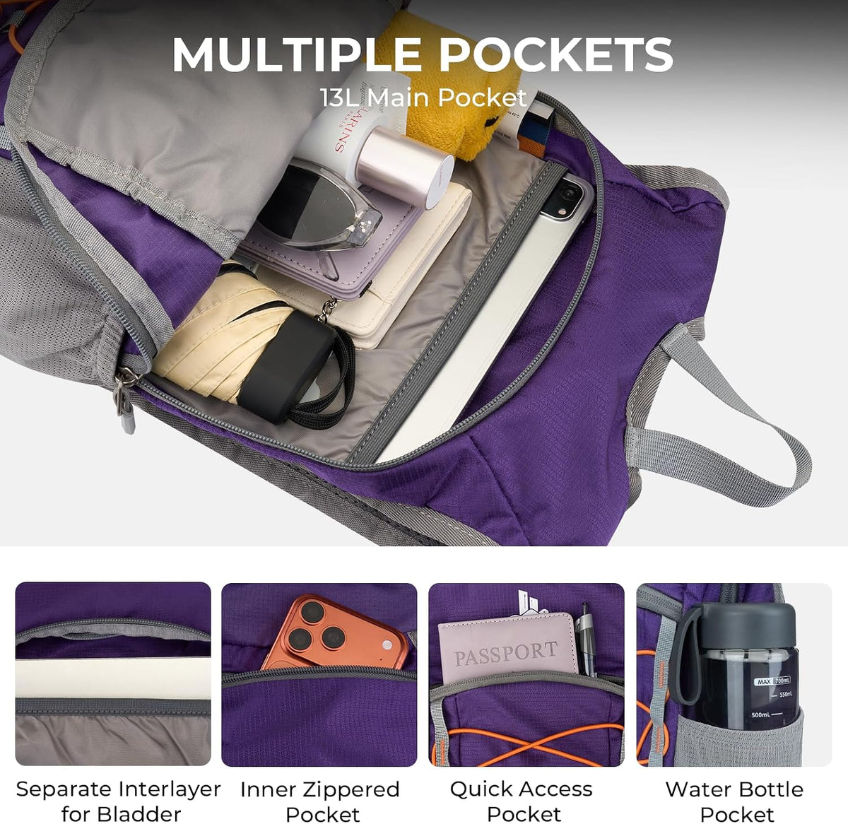 14L Small Hiking Backpack,Lightweight Packable Travel Daypack for Men Women | Quick Phone Pocket, Breathable Material, Water Resistant, Adjustable Straps, Emergency Whistle, Commuting Cycling