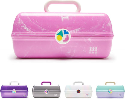 On-The-Go Girl Makeup Box, Hot Pink Sparkle, Hard Plastic Makeup Organizer Box, Built-In Mirror, Secure Latch for Safe Travel, Spacious Storage for Large Items