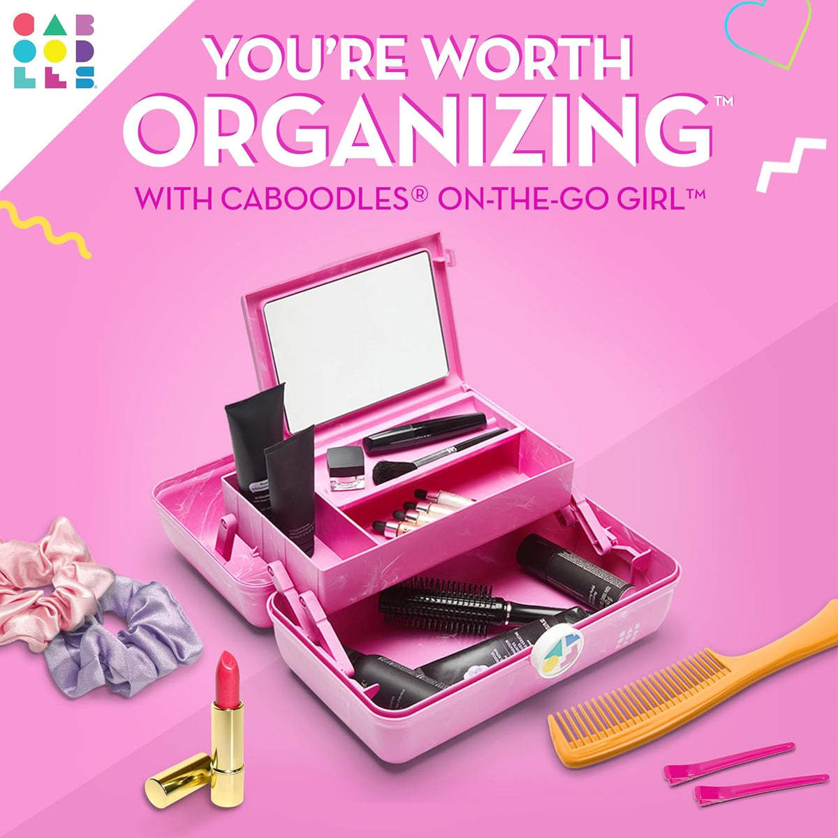On-The-Go Girl Makeup Box, Hot Pink Sparkle, Hard Plastic Makeup Organizer Box, Built-In Mirror, Secure Latch for Safe Travel, Spacious Storage for Large Items