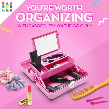 On-The-Go Girl Makeup Box, Hot Pink Sparkle, Hard Plastic Makeup Organizer Box, Built-In Mirror, Secure Latch for Safe Travel, Spacious Storage for Large Items