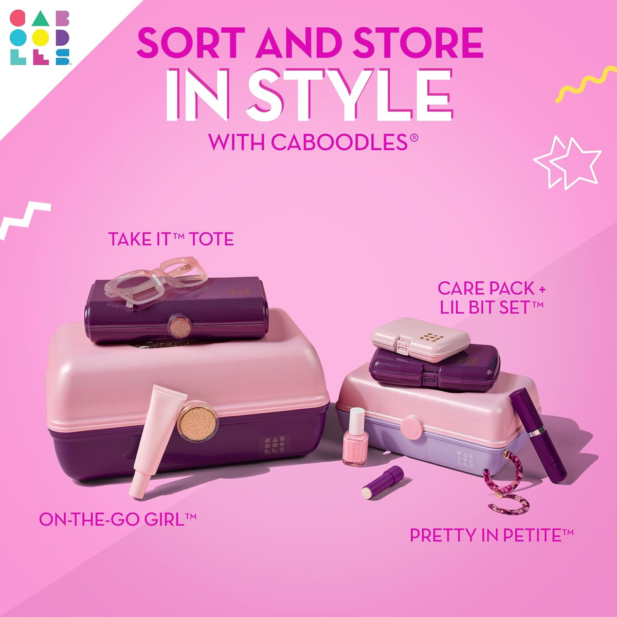 On-The-Go Girl Makeup Box, Hot Pink Sparkle, Hard Plastic Makeup Organizer Box, Built-In Mirror, Secure Latch for Safe Travel, Spacious Storage for Large Items
