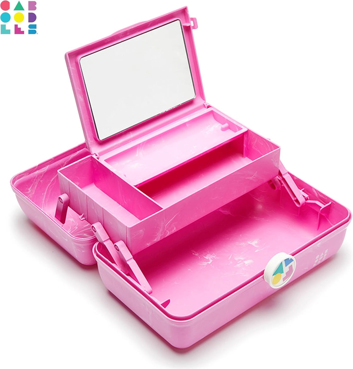 On-The-Go Girl Makeup Box, Hot Pink Sparkle, Hard Plastic Makeup Organizer Box, Built-In Mirror, Secure Latch for Safe Travel, Spacious Storage for Large Items