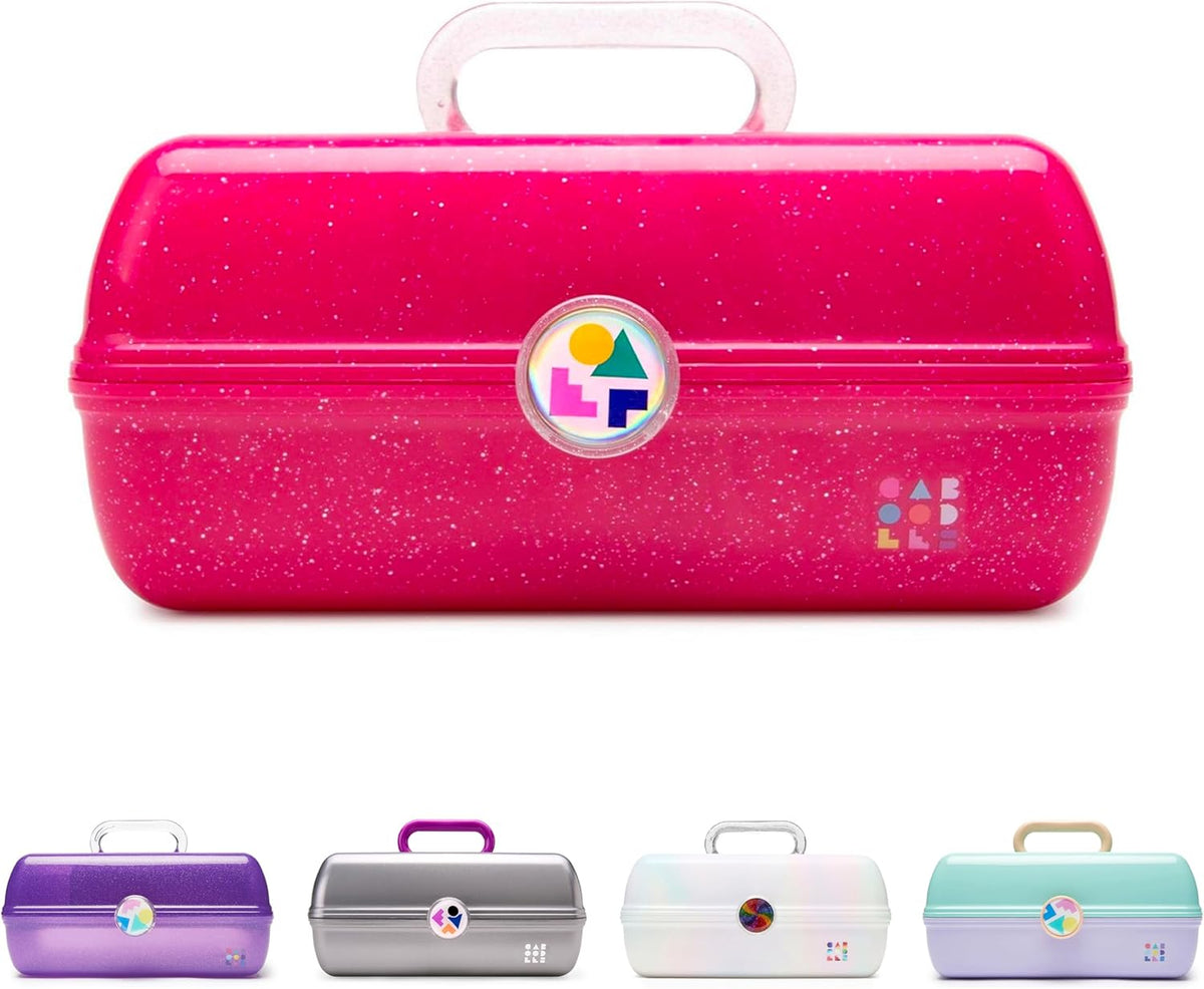 On-The-Go Girl Makeup Box, Hot Pink Sparkle, Hard Plastic Makeup Organizer Box, Built-In Mirror, Secure Latch for Safe Travel, Spacious Storage for Large Items