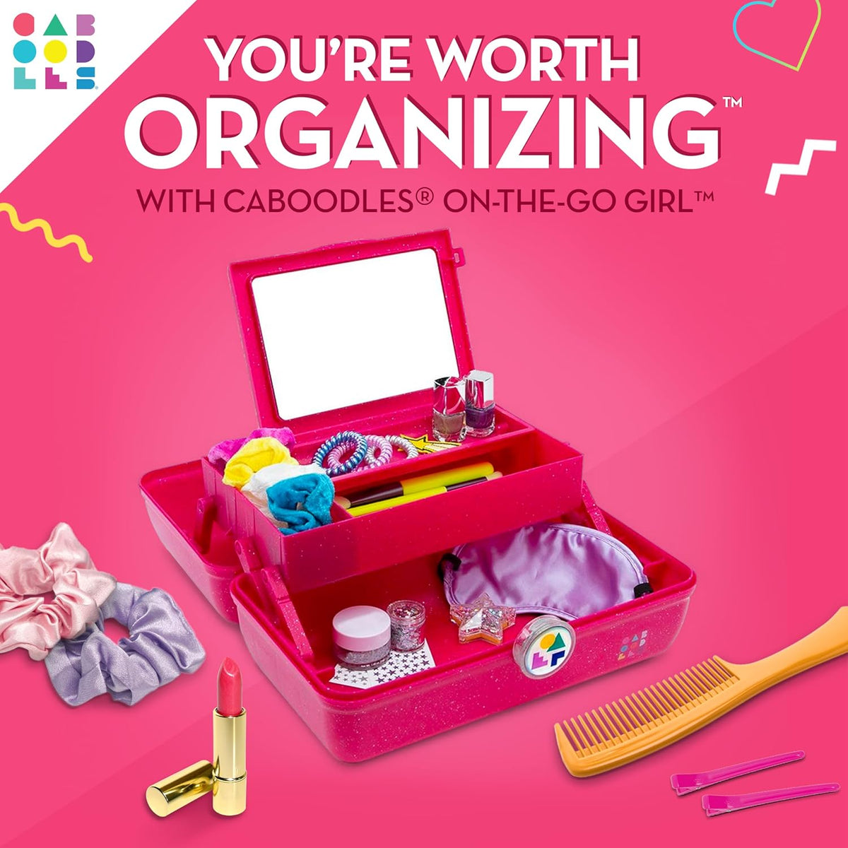 On-The-Go Girl Makeup Box, Hot Pink Sparkle, Hard Plastic Makeup Organizer Box, Built-In Mirror, Secure Latch for Safe Travel, Spacious Storage for Large Items