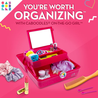 On-The-Go Girl Makeup Box, Hot Pink Sparkle, Hard Plastic Makeup Organizer Box, Built-In Mirror, Secure Latch for Safe Travel, Spacious Storage for Large Items
