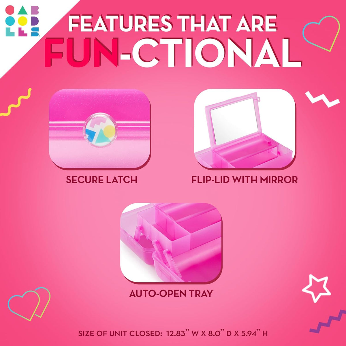 On-The-Go Girl Makeup Box, Hot Pink Sparkle, Hard Plastic Makeup Organizer Box, Built-In Mirror, Secure Latch for Safe Travel, Spacious Storage for Large Items