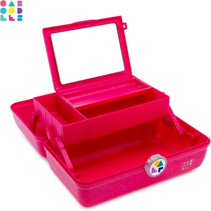 On-The-Go Girl Makeup Box, Hot Pink Sparkle, Hard Plastic Makeup Organizer Box, Built-In Mirror, Secure Latch for Safe Travel, Spacious Storage for Large Items