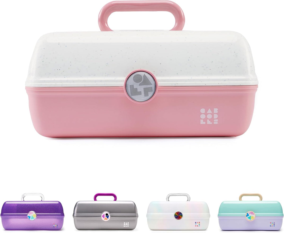 On-The-Go Girl Makeup Box, Hot Pink Sparkle, Hard Plastic Makeup Organizer Box, Built-In Mirror, Secure Latch for Safe Travel, Spacious Storage for Large Items