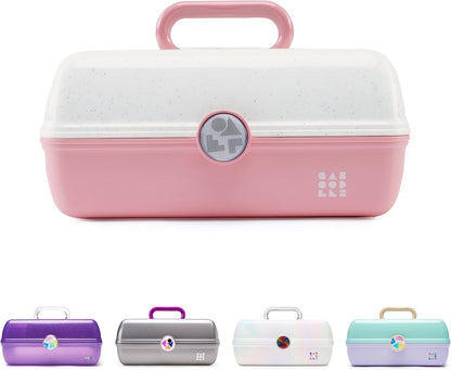 On-The-Go Girl Makeup Box, Hot Pink Sparkle, Hard Plastic Makeup Organizer Box, Built-In Mirror, Secure Latch for Safe Travel, Spacious Storage for Large Items