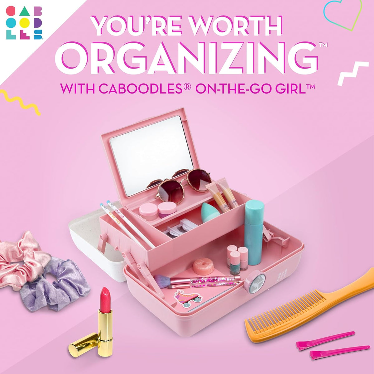 On-The-Go Girl Makeup Box, Hot Pink Sparkle, Hard Plastic Makeup Organizer Box, Built-In Mirror, Secure Latch for Safe Travel, Spacious Storage for Large Items