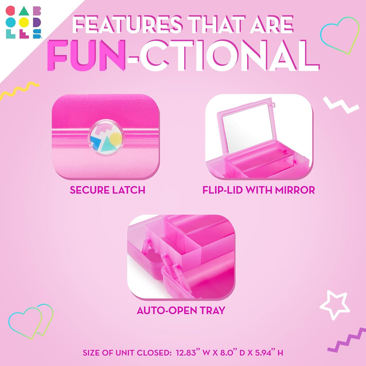 On-The-Go Girl Makeup Box, Hot Pink Sparkle, Hard Plastic Makeup Organizer Box, Built-In Mirror, Secure Latch for Safe Travel, Spacious Storage for Large Items