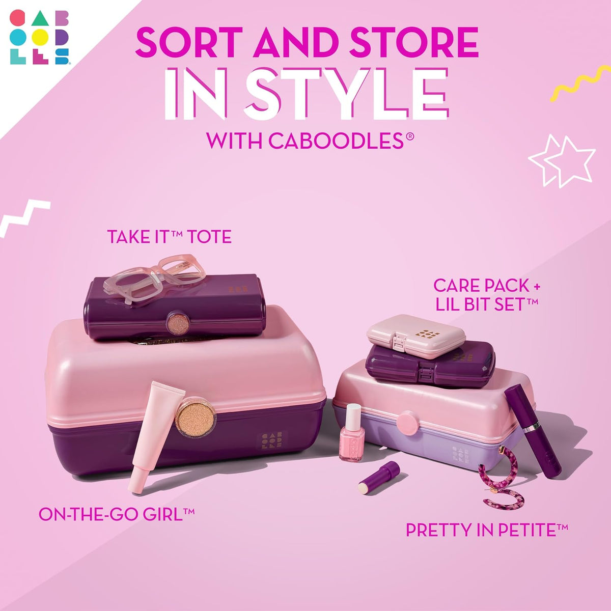 On-The-Go Girl Makeup Box, Hot Pink Sparkle, Hard Plastic Makeup Organizer Box, Built-In Mirror, Secure Latch for Safe Travel, Spacious Storage for Large Items