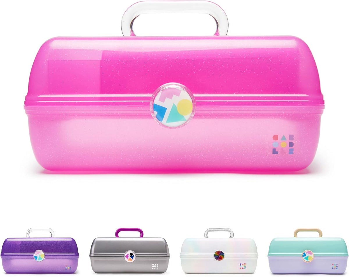 On-The-Go Girl Makeup Box, Hot Pink Sparkle, Hard Plastic Makeup Organizer Box, Built-In Mirror, Secure Latch for Safe Travel, Spacious Storage for Large Items