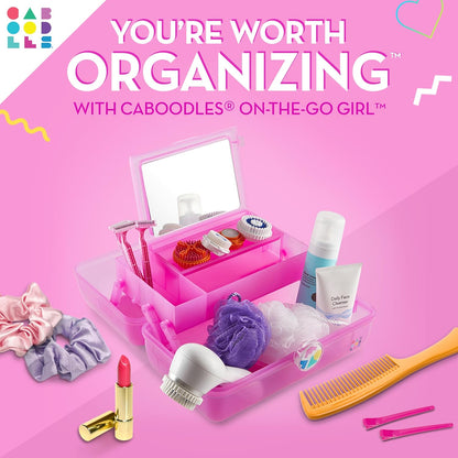 On-The-Go Girl Makeup Box, Hot Pink Sparkle, Hard Plastic Makeup Organizer Box, Built-In Mirror, Secure Latch for Safe Travel, Spacious Storage for Large Items