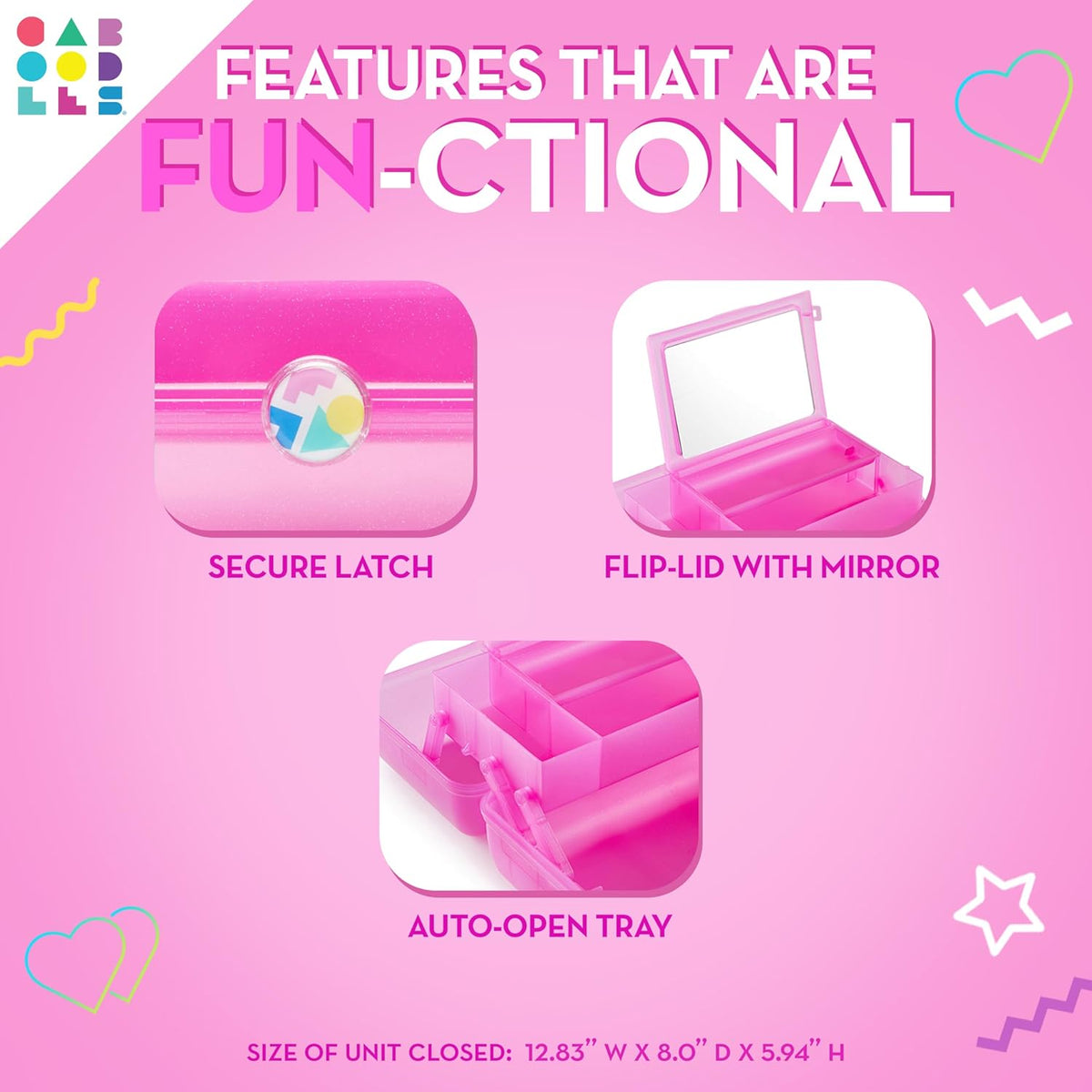 On-The-Go Girl Makeup Box, Hot Pink Sparkle, Hard Plastic Makeup Organizer Box, Built-In Mirror, Secure Latch for Safe Travel, Spacious Storage for Large Items