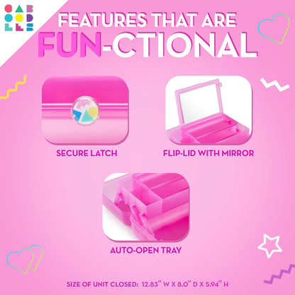 On-The-Go Girl Makeup Box, Hot Pink Sparkle, Hard Plastic Makeup Organizer Box, Built-In Mirror, Secure Latch for Safe Travel, Spacious Storage for Large Items