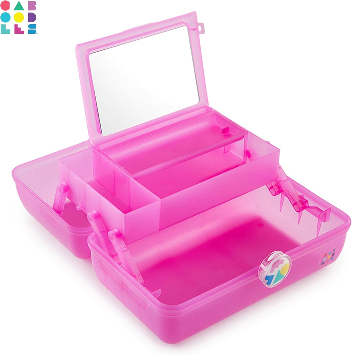 On-The-Go Girl Makeup Box, Hot Pink Sparkle, Hard Plastic Makeup Organizer Box, Built-In Mirror, Secure Latch for Safe Travel, Spacious Storage for Large Items