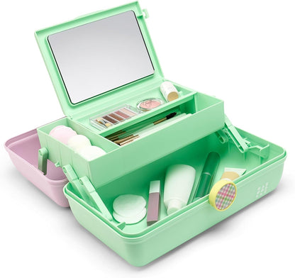 On-The-Go Girl Makeup Box, Hot Pink Sparkle, Hard Plastic Makeup Organizer Box, Built-In Mirror, Secure Latch for Safe Travel, Spacious Storage for Large Items