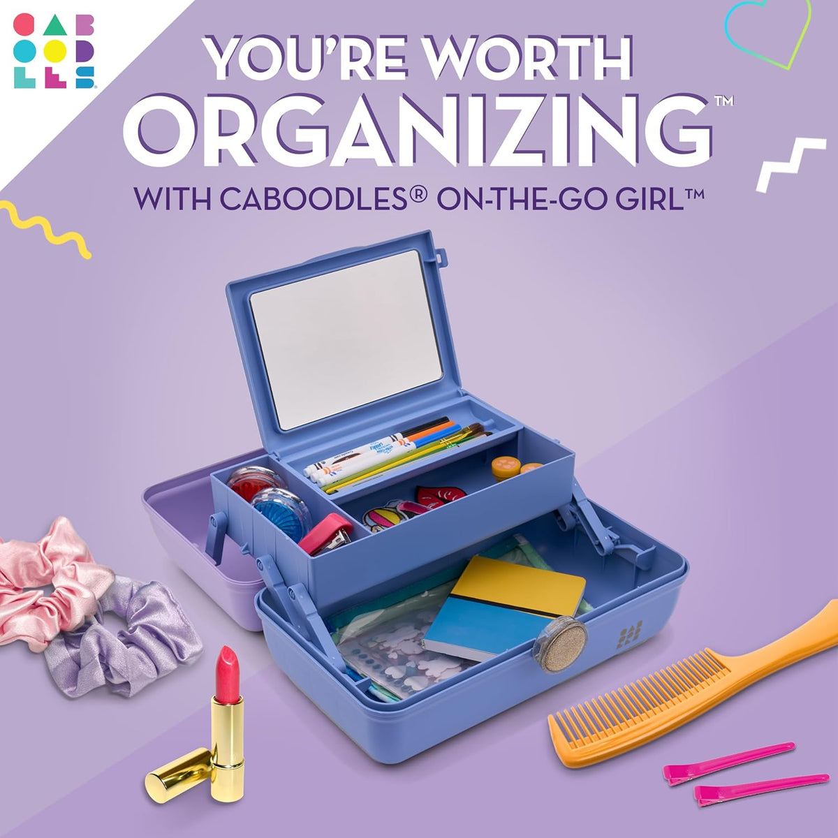 On-The-Go Girl Makeup Box, Hot Pink Sparkle, Hard Plastic Makeup Organizer Box, Built-In Mirror, Secure Latch for Safe Travel, Spacious Storage for Large Items