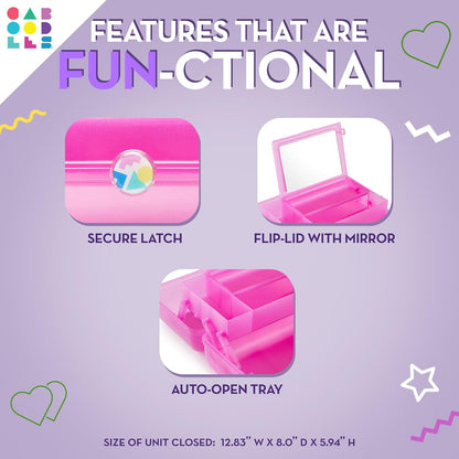 On-The-Go Girl Makeup Box, Hot Pink Sparkle, Hard Plastic Makeup Organizer Box, Built-In Mirror, Secure Latch for Safe Travel, Spacious Storage for Large Items