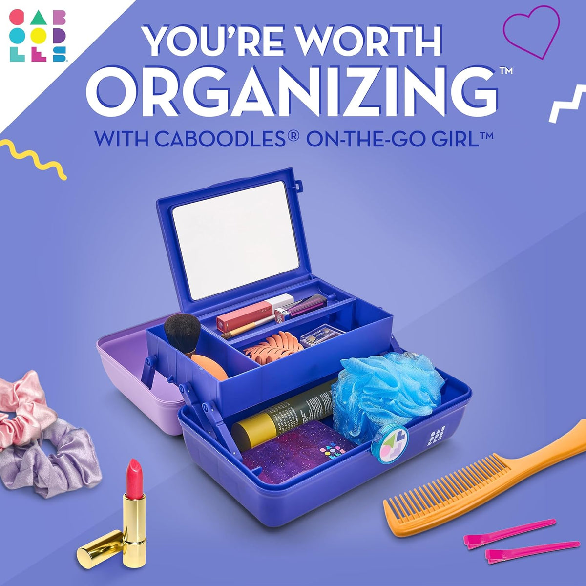 On-The-Go Girl Makeup Box, Hot Pink Sparkle, Hard Plastic Makeup Organizer Box, Built-In Mirror, Secure Latch for Safe Travel, Spacious Storage for Large Items