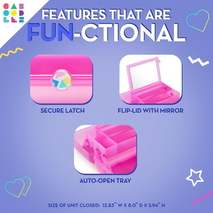 On-The-Go Girl Makeup Box, Hot Pink Sparkle, Hard Plastic Makeup Organizer Box, Built-In Mirror, Secure Latch for Safe Travel, Spacious Storage for Large Items