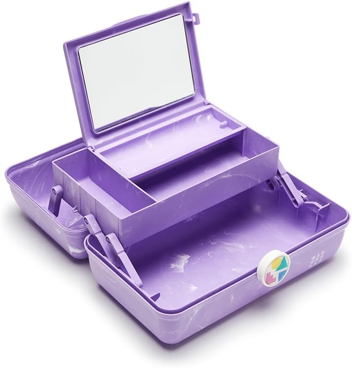 On-The-Go Girl Makeup Box, Hot Pink Sparkle, Hard Plastic Makeup Organizer Box, Built-In Mirror, Secure Latch for Safe Travel, Spacious Storage for Large Items