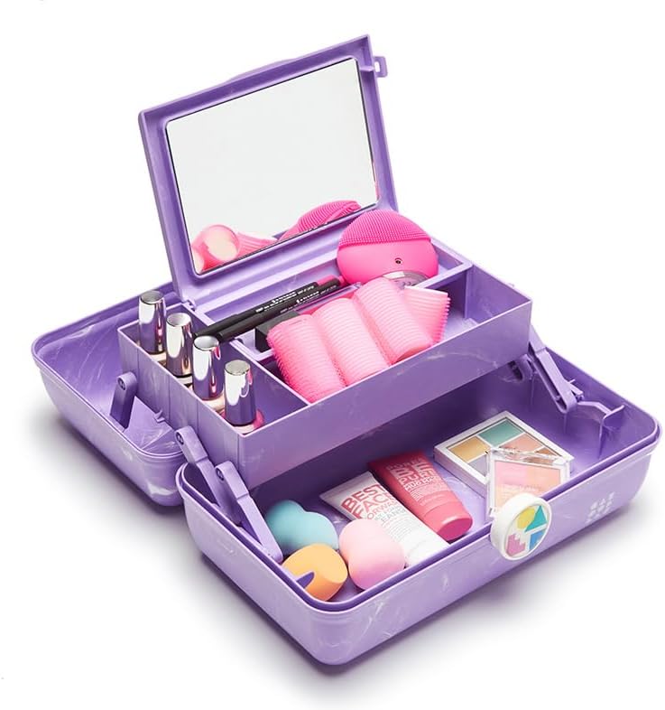 On-The-Go Girl Makeup Box, Hot Pink Sparkle, Hard Plastic Makeup Organizer Box, Built-In Mirror, Secure Latch for Safe Travel, Spacious Storage for Large Items