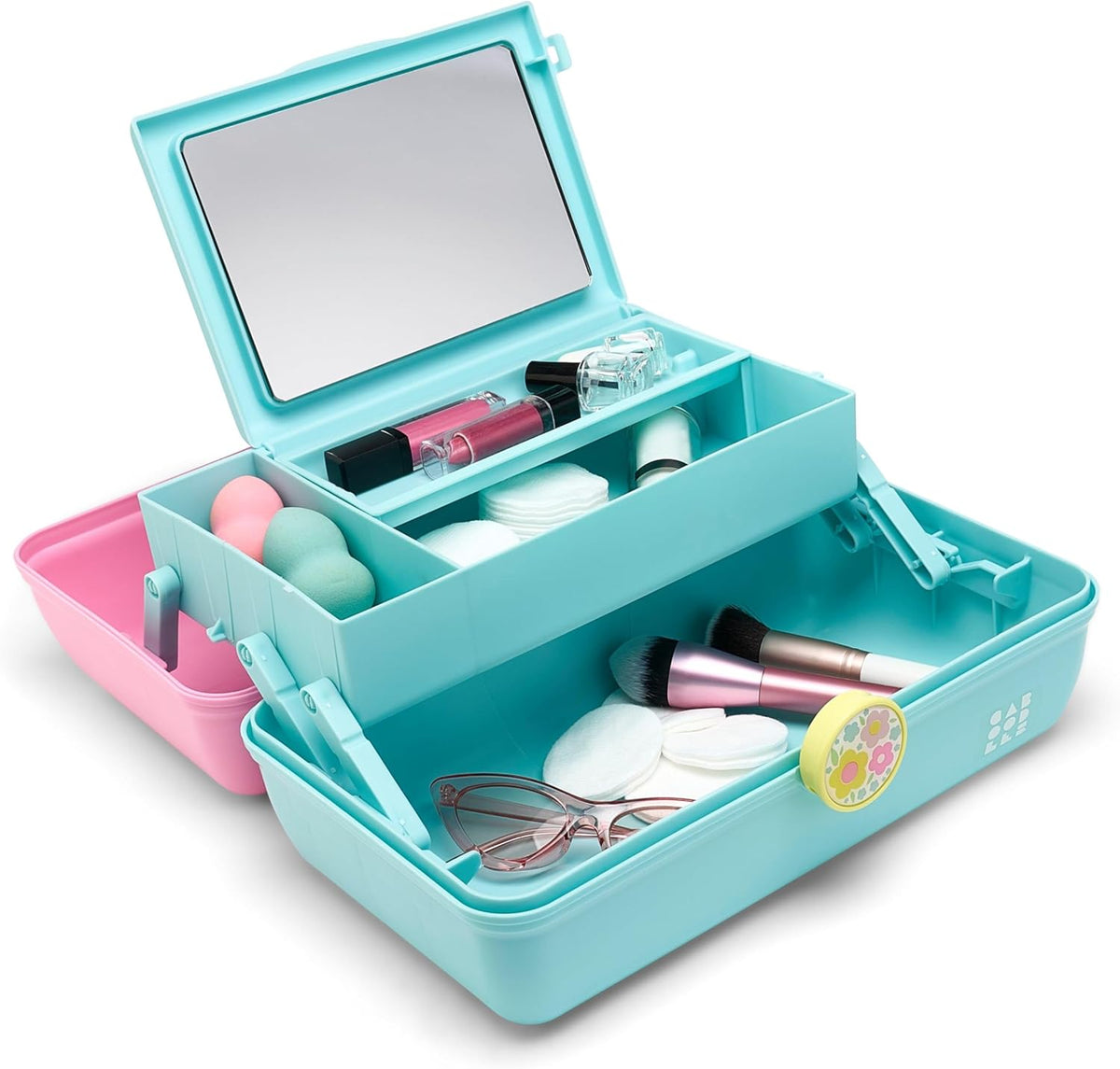 On-The-Go Girl Makeup Box, Hot Pink Sparkle, Hard Plastic Makeup Organizer Box, Built-In Mirror, Secure Latch for Safe Travel, Spacious Storage for Large Items