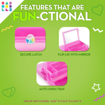 On-The-Go Girl Makeup Box, Hot Pink Sparkle, Hard Plastic Makeup Organizer Box, Built-In Mirror, Secure Latch for Safe Travel, Spacious Storage for Large Items