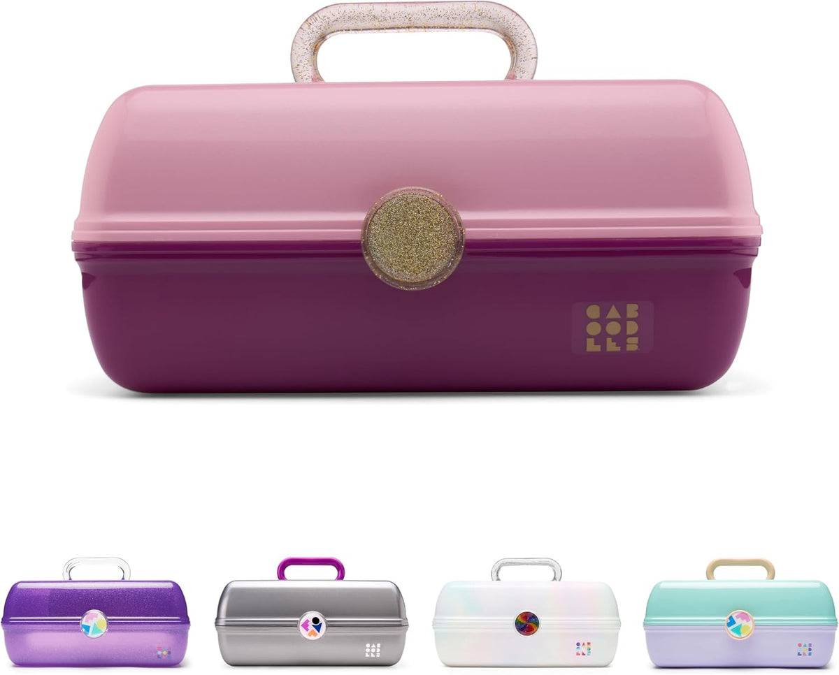On-The-Go Girl Makeup Box, Hot Pink Sparkle, Hard Plastic Makeup Organizer Box, Built-In Mirror, Secure Latch for Safe Travel, Spacious Storage for Large Items
